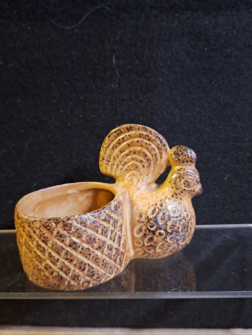 Vintage Rooster Chicken Ceramic Planter Votive Candle Tan Glaze Crosshatch